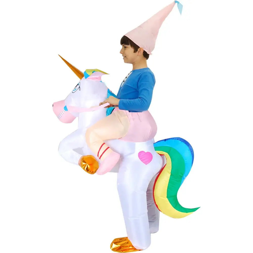 Costume gonflable dinosaure enfant blanc avec crinière et queue rose, corne or et patch en forme de cœur parfait déguisement