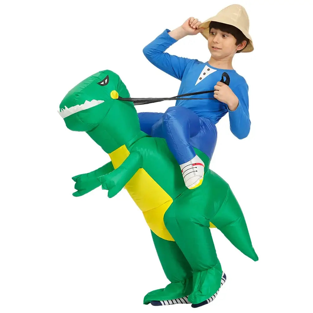 Costume gonflable dinosaure enfant vert et jaune avec rênes noires parfait déguisement pour enfants