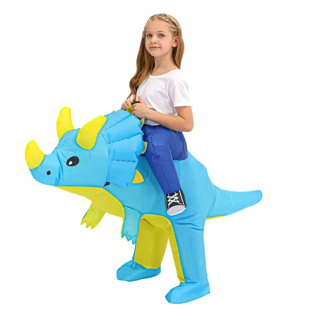 Costume gonflable dinosaure enfant bleu et jaune en forme de triceratops parfait déguisement pour enfants
