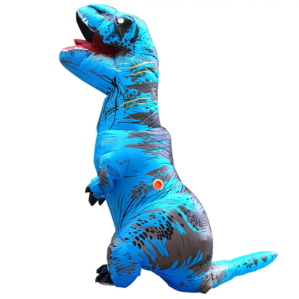Costume gonflable dinosaure t-rex adulte bleu avec motifs noirs et gris et valve orange sur le côté