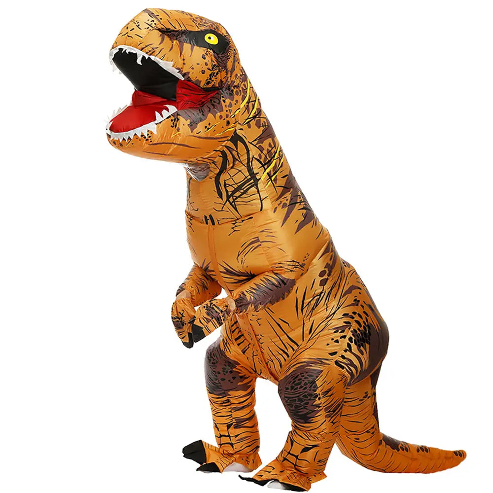 Costume gonflable dinosaure t-rex adulte orange et marron avec marques noires langue rouge dents blanches et œil jaune