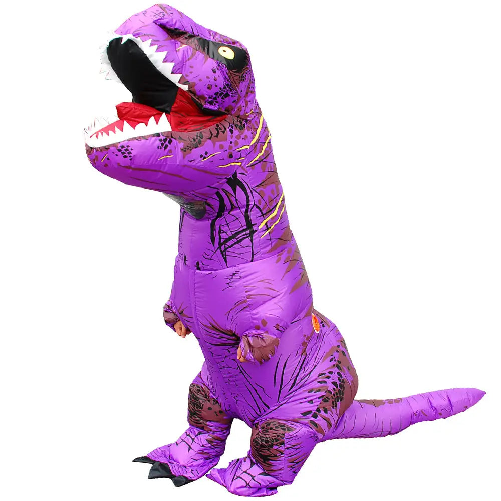 Costume gonflable dinosaure t-rex adulte violet avec accents noirs et or, doublure rouge et écailles texturées détaillées
