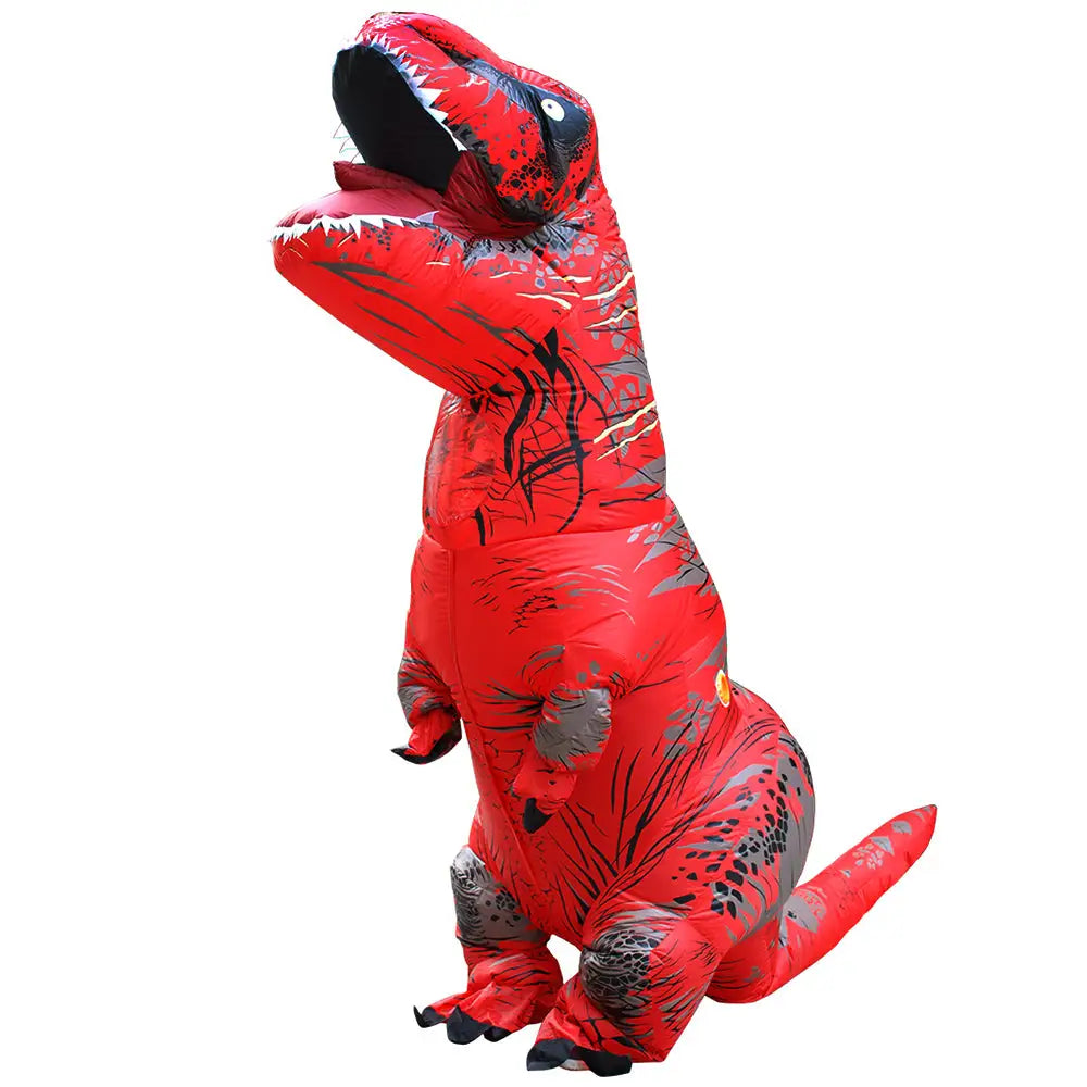 Costume gonflable dinosaure t-rex adulte rouge avec motifs noirs et gris et bouche ouverte avec dents blanches
