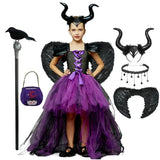 Costume halloween enfant maléfique avec robe tulle violette et noire, corsage à lacets, ailes, cornes et accessoires complets