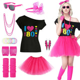 Costume hippie année 80 femme rose vif avec haut noir épaules dénudées et jupe tutu en tulle avec accessoires néon