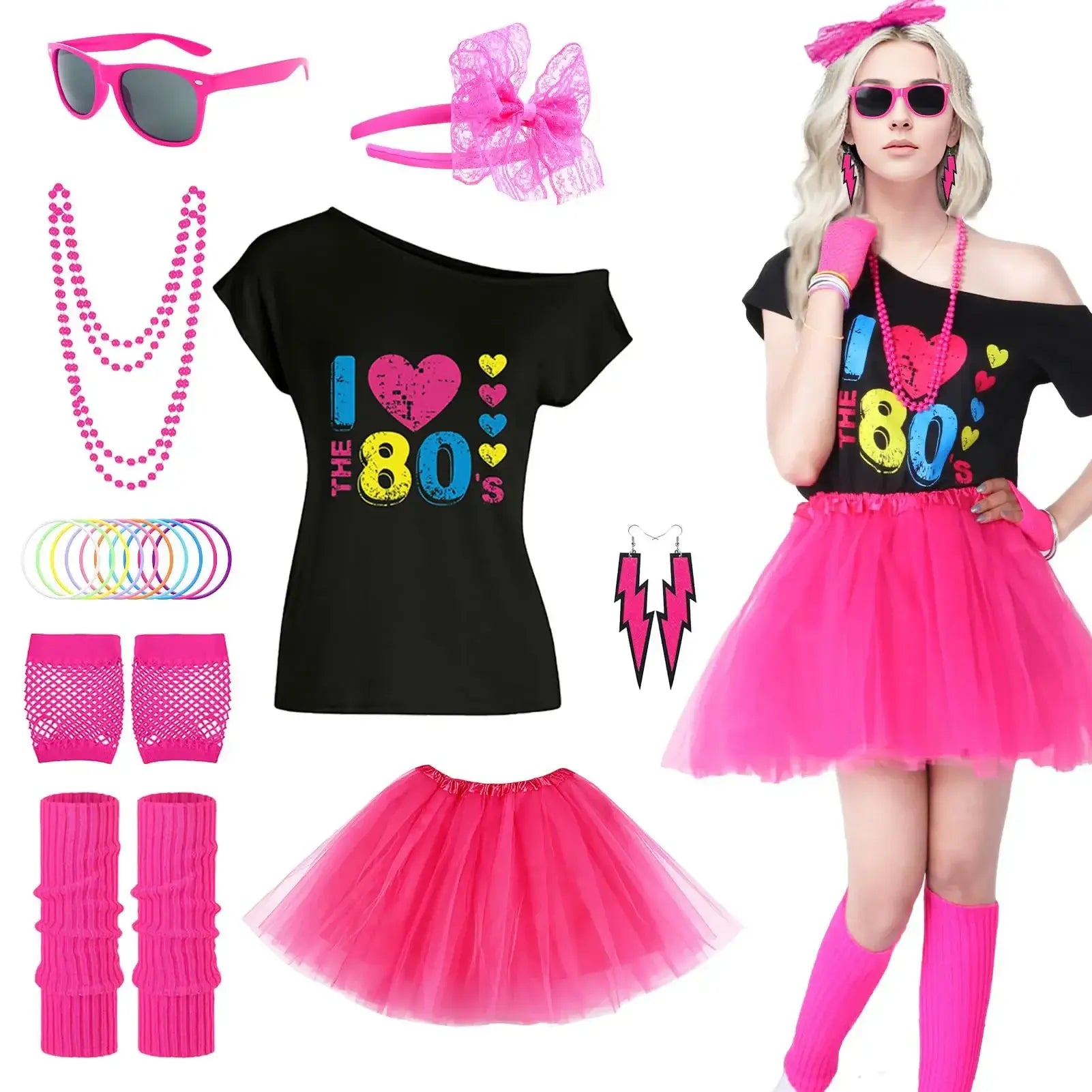 Costume hippie année 80 femme rose vif avec haut noir épaules dénudées et jupe tutu en tulle avec accessoires néon