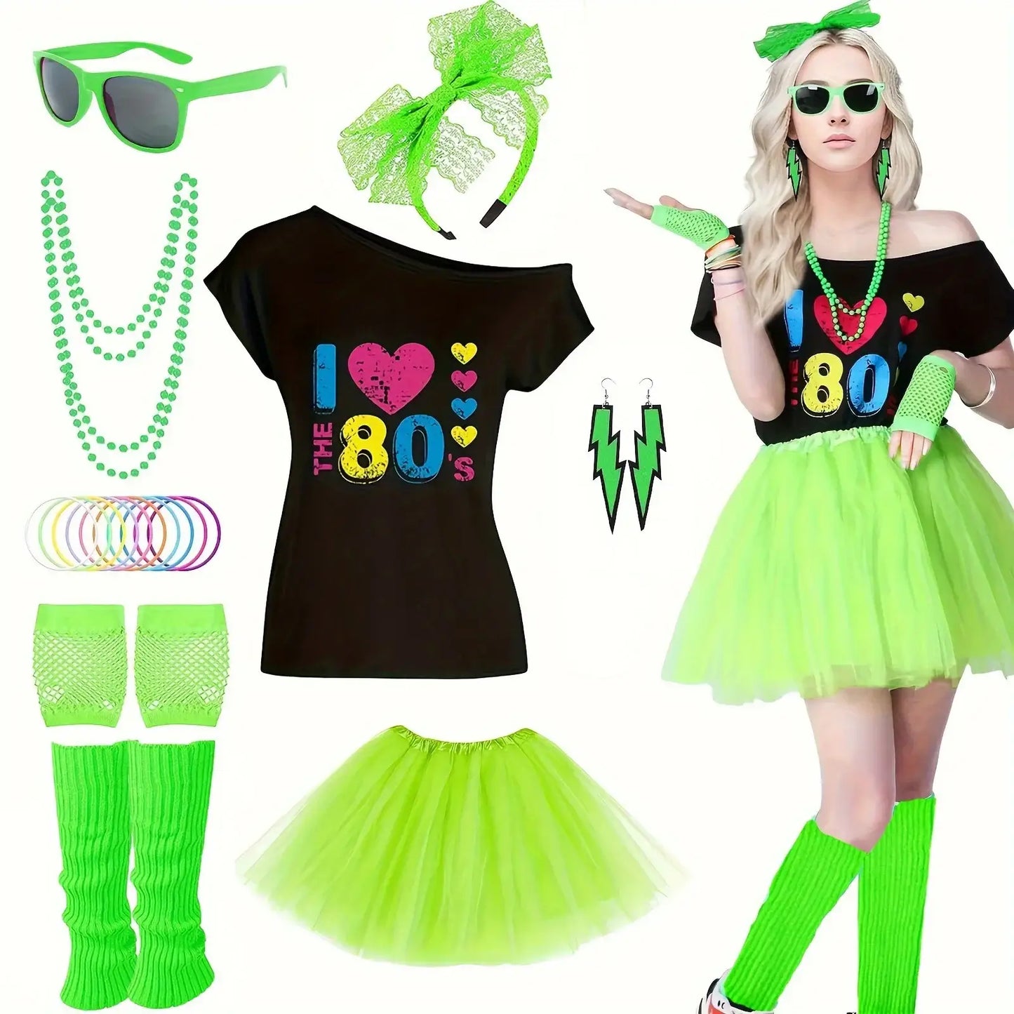 Costume hippie année 80 femme vert néon avec top noir épaules dénudées tutu assorti gants résille et accessoires