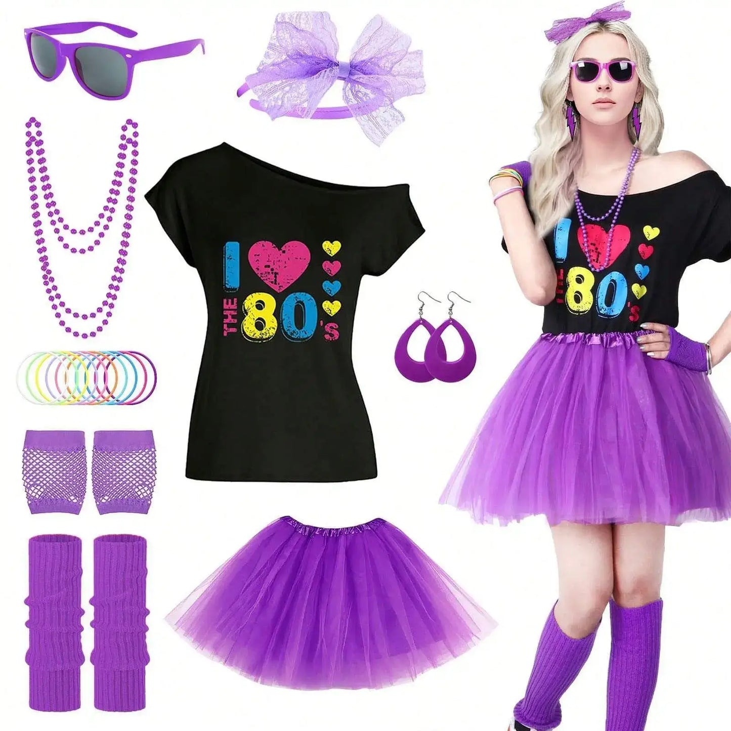 Jupe en tulle violet avec taille smockée pour costume hippie année 80 femme