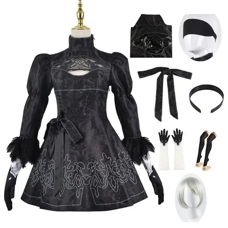 Costume cosplay femme nier automata robe noir en dentelle avec manches bouffantes et col haut yorha n°2