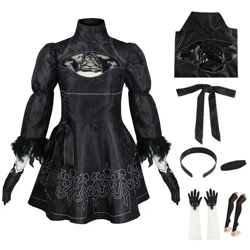 Costume cosplay femme nier automata yorha n°2 robe noire satinée avec détails en dentelle et poignets en plumes