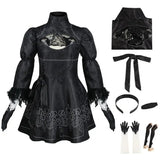 Costume cosplay femme nier automata yorha n°2 robe noire satinée avec détails en dentelle et poignets en plumes