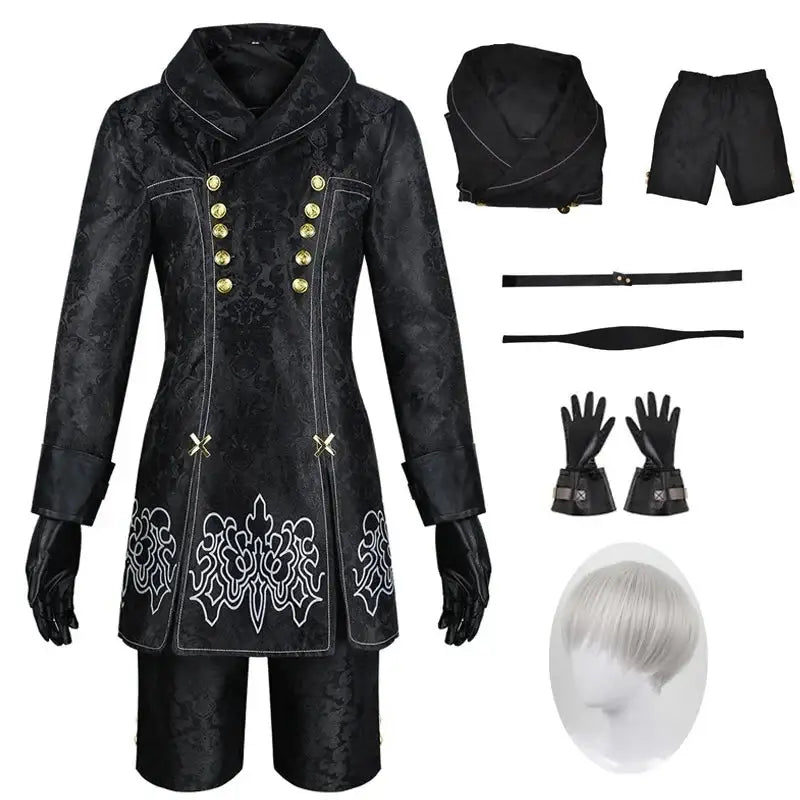 Costume cosplay yorha n°2 femme nier automata noir velours avec boutons dorés et broderies blanches intégré