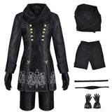 Manteau noir velours avec boutons dorés et broderies blanches costume cosplay yorha n°2 femme nier automata