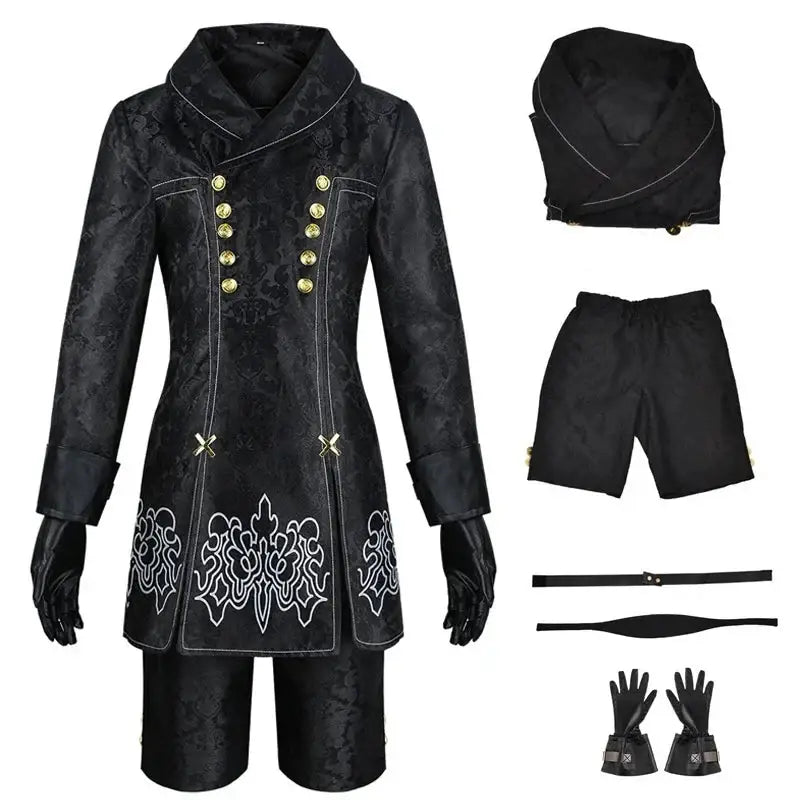 Manteau noir velours avec boutons dorés et broderies blanches costume cosplay yorha n°2 femme nier automata