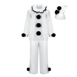 Costume horreur pierrot blanc avec accents pompon noirs et col froufrou pour un pierrot clown effrayant