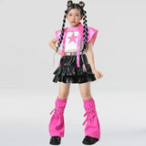 Costume k-pop danse pour fille en rose vif et noir élégant avec motif étoile idéal pour spectacle de danse