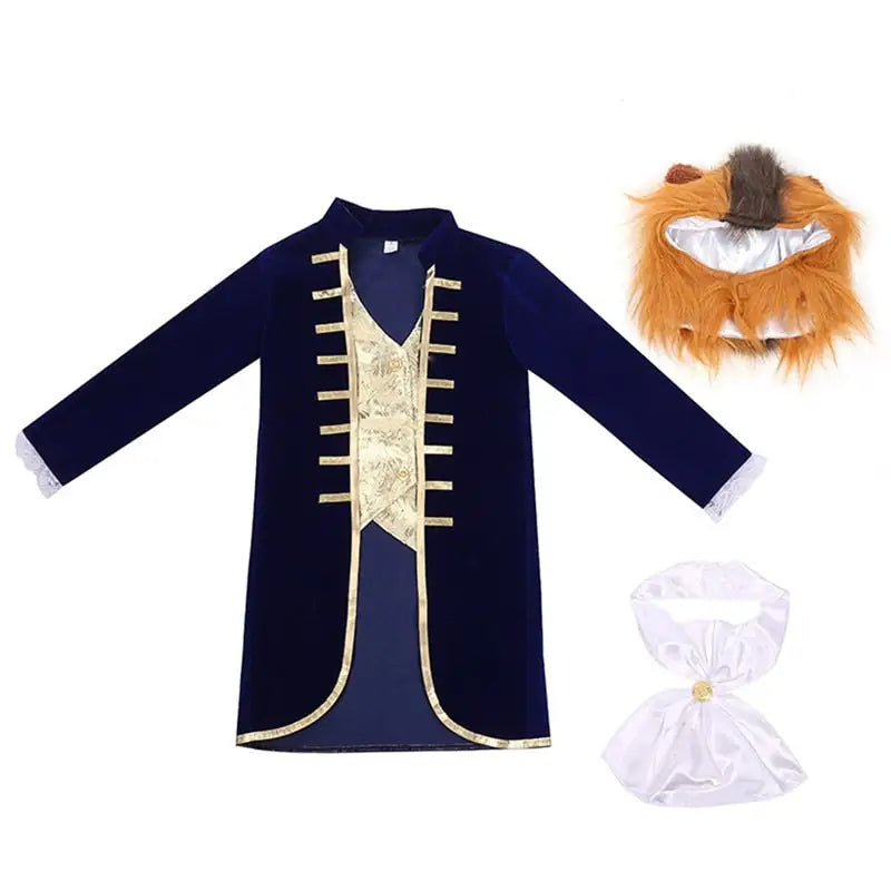 Costume la bête pour garçon en velours bleu marine avec bordure dorée, gilet à motif, nœud en satin blanc et coiffe crinière lion orange