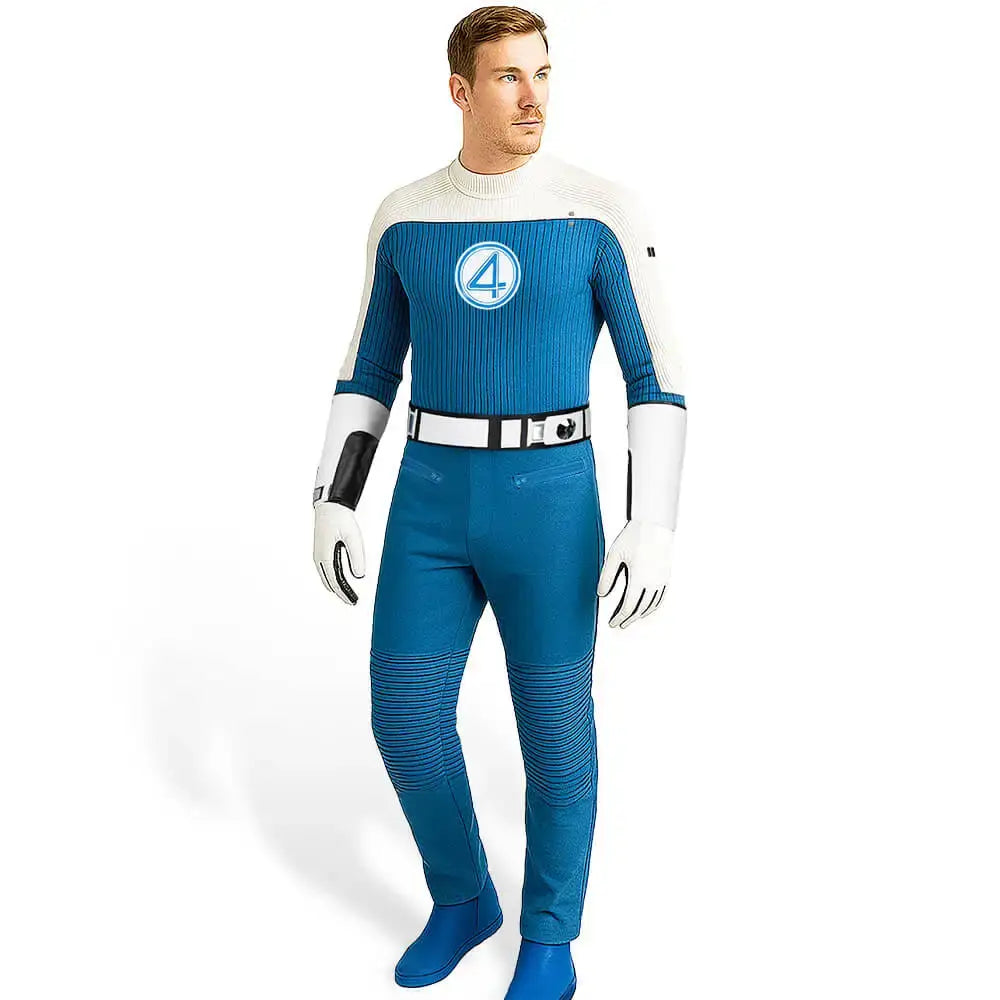 Costume torche humaine bleu et blanc avec texture côtelée et emblème numéro 4 pour marvel chez enjouet johnny storm