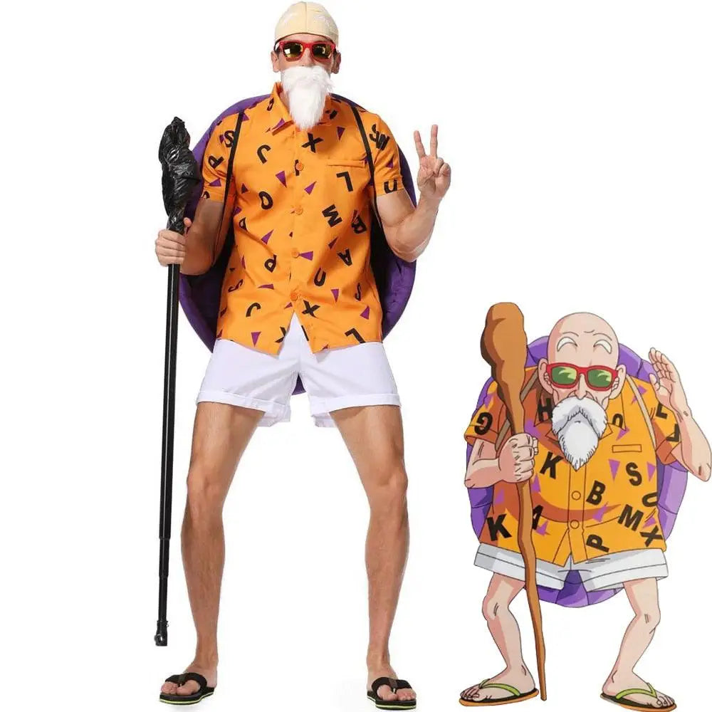 Costume maître roshi dragon ball avec chemise orange à motifs noirs, short blanc et cape violette kamé sennin