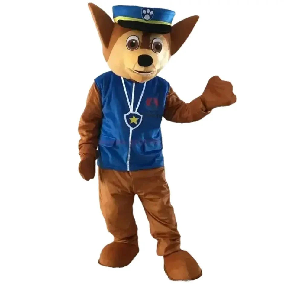 Déguisement pat patrouille adulte mascotte marron et bleu chase avec casquette de police et étoile en tissu détaillé
