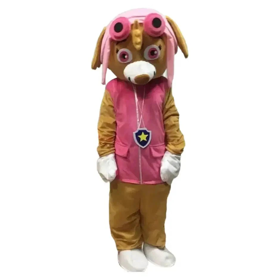Costume mascotte pat patrouille skye rose et beige avec lunettes, badge étoile et gants blancs pour déguisement pat patrouille adulte