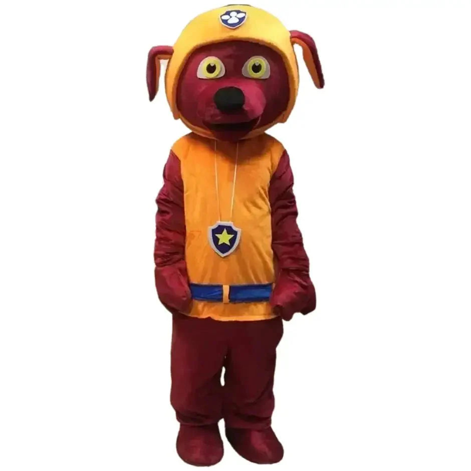 Mascotte pat patrouille en costume intégral bordeaux et jaune avec étoile sur la poitrine déguisement pat patrouille adulte