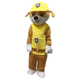 Costume mascotte pat patrouille zuma jaune et marron avec casquette, gilet et pantalon jaunes à écussons bleus