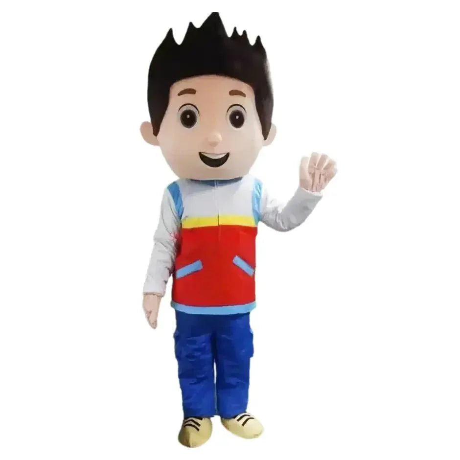 Mascotte pat patrouille garçon joyeux avec cheveux noirs, gilet rouge, pantalon bleu, idéal pour déguisement pat patrouille adulte