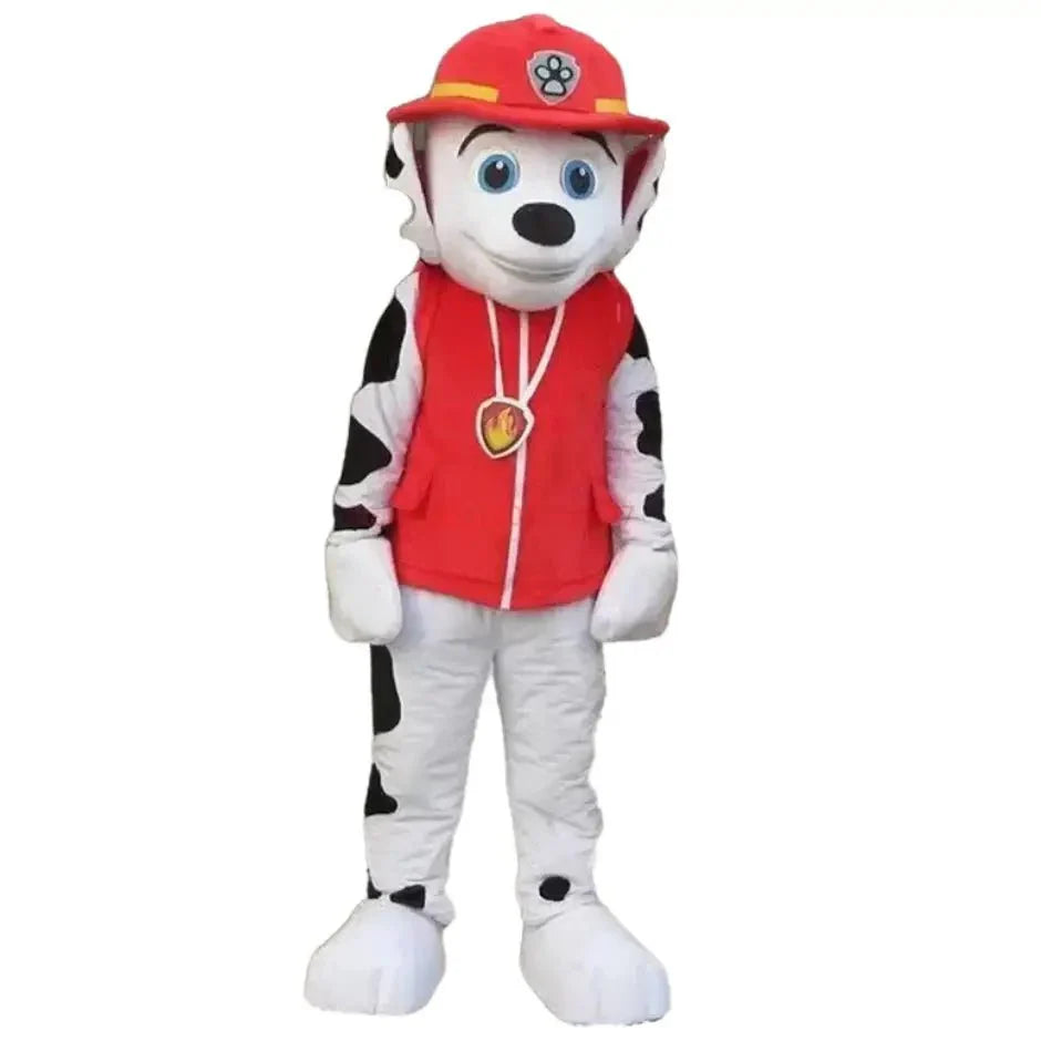 Costume mascotte pat patrouille avec casque rouge à empreinte de patte et gilet assorti pour déguisement pat patrouille adulte