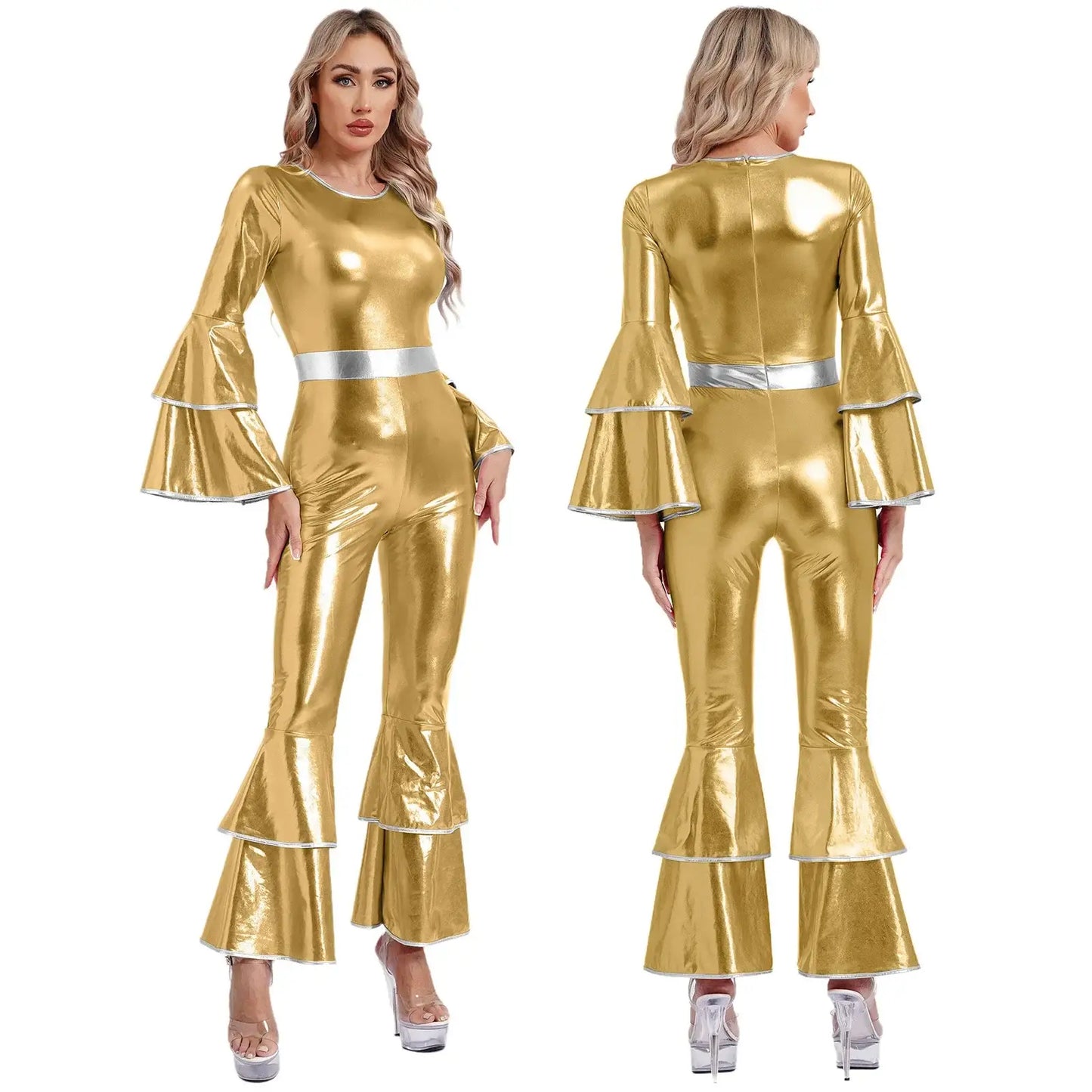 Deguisement disco femme en combinaison métallisée dorée brillante avec manches évasées et ceinture argentée