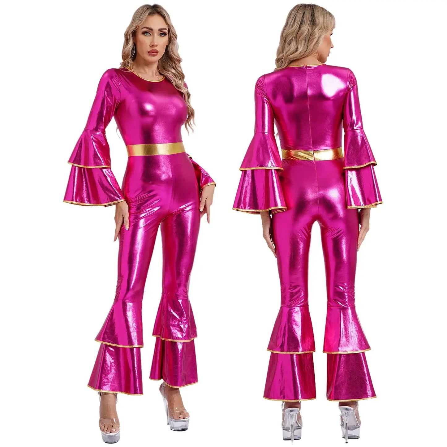 Costume métallique brillante disco femme en combinaison magenta métallique avec bordure dorée et manches évasées style années 70 80