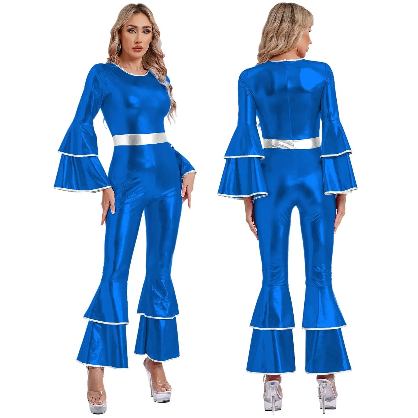 Vibrant royal blue metallic two-piece jumpsuit with flared bell sleeves and silver belt for tenue disco femme chic