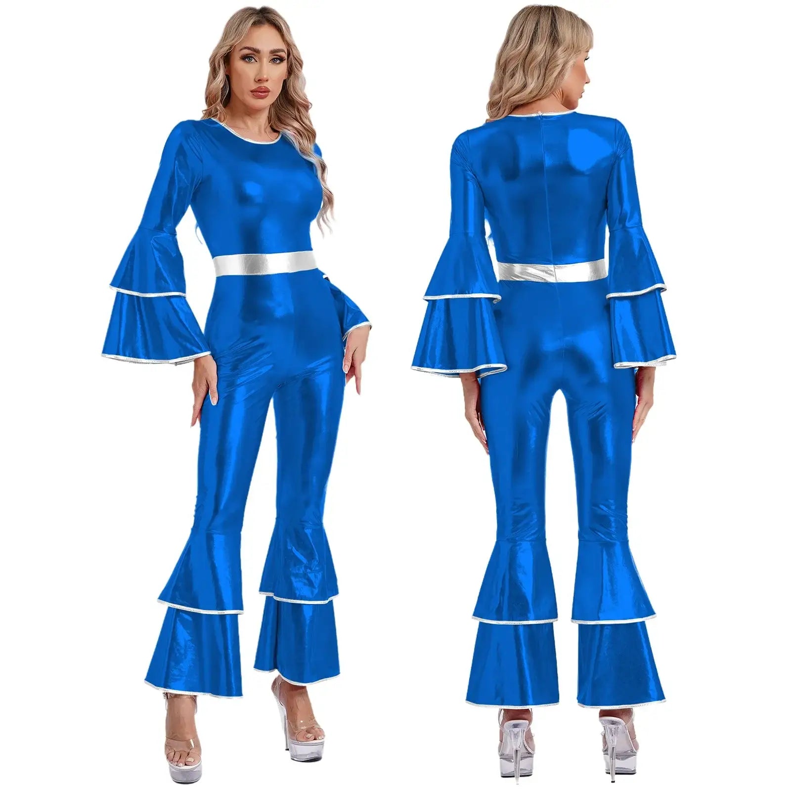 Vibrant royal blue metallic two-piece jumpsuit with flared bell sleeves and silver belt for tenue disco femme chic