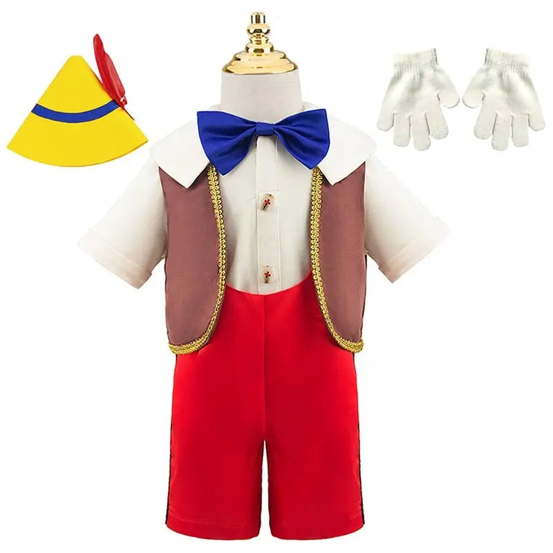 Costume pinocchio pour enfant avec salopette classique rouge et blanche, chapeau emblématique jaune à plumes rouges
