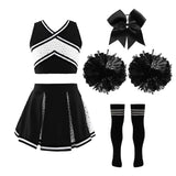 Ensemble complet costume pom-pom girl fille noir et blanc avec top court, jupe plissée, noeud assorti, pompons et chaussettes rayées longues