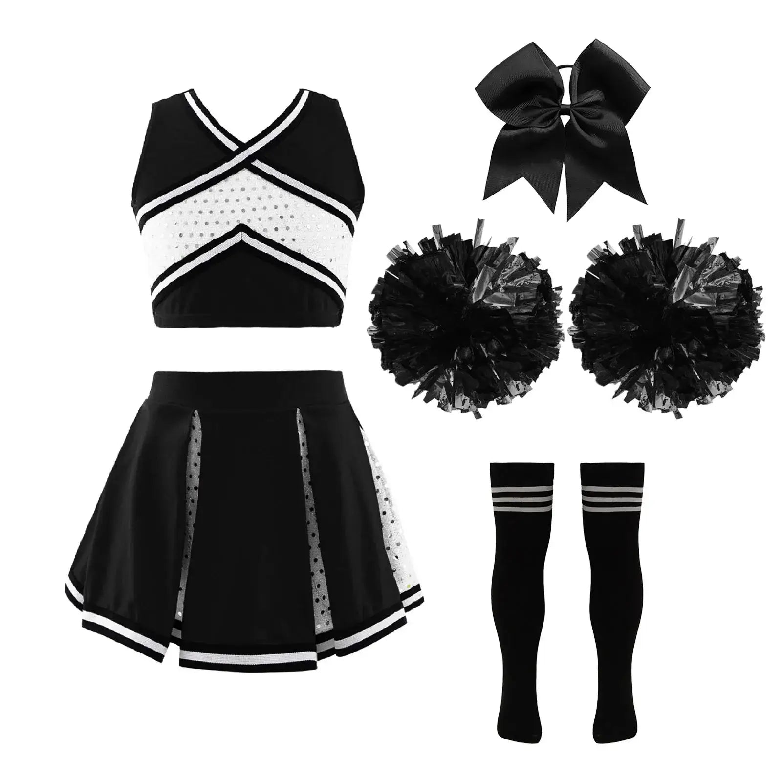 Ensemble complet costume pom-pom girl fille noir et blanc avec top court, jupe plissée, noeud assorti, pompons et chaussettes rayées longues