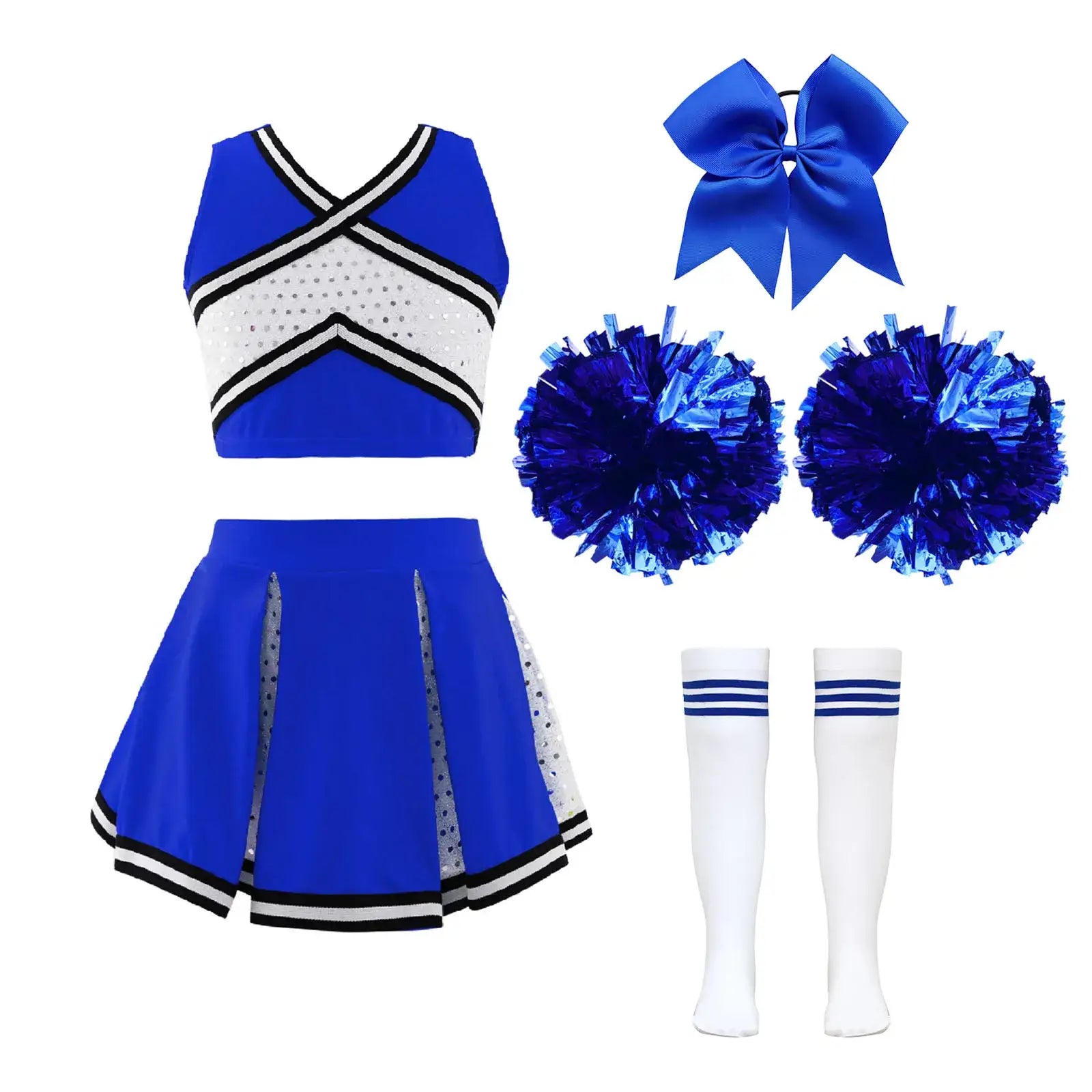 Ensemble complet costume pom-pom girl fille bleu royal avec top sans manches en mesh et jupe plissée blanche et noire