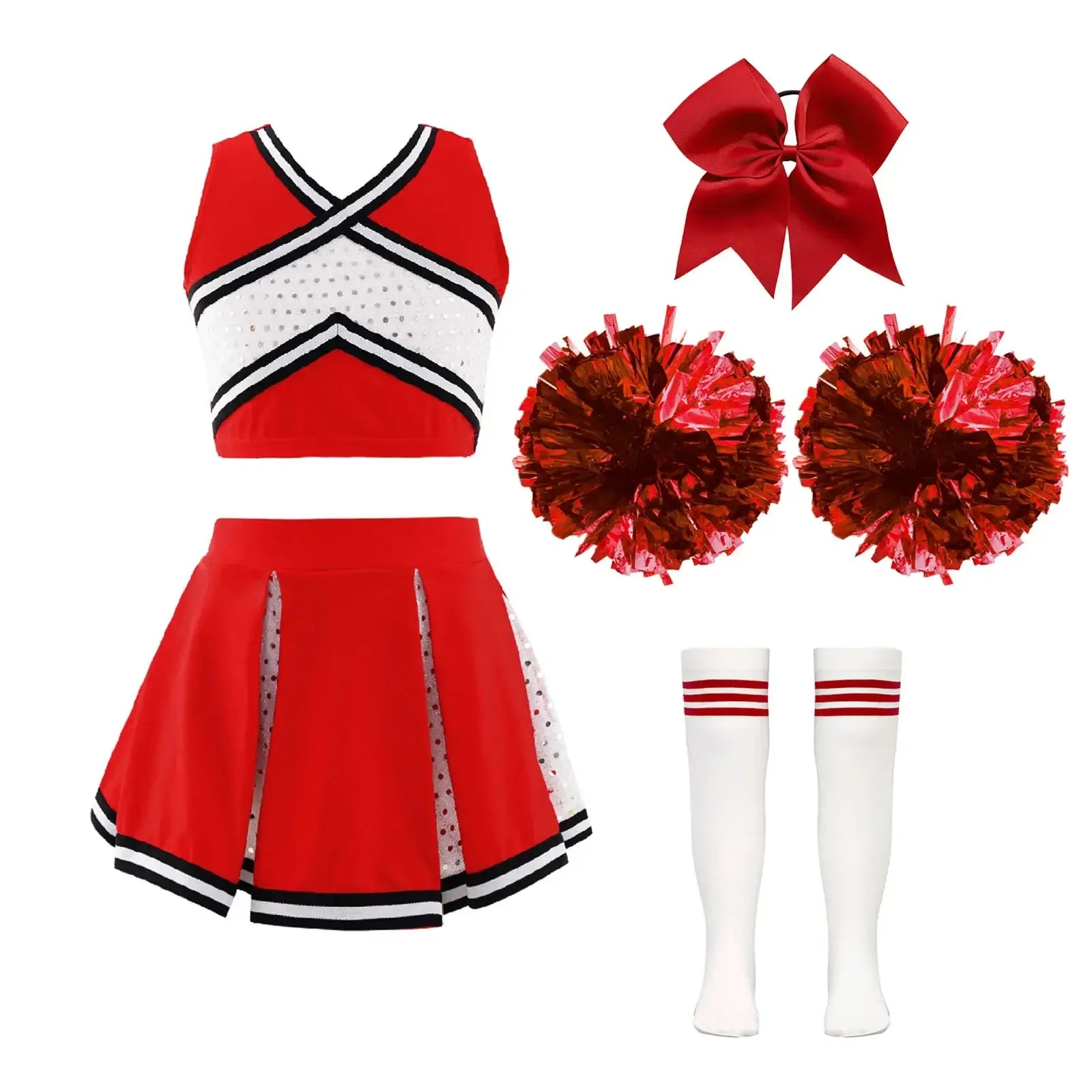 Costume pom-pom girl fille en rouge et blanc avec bordure noire, top sans manches à bretelles croisées et jupe plissée ensemble complet
