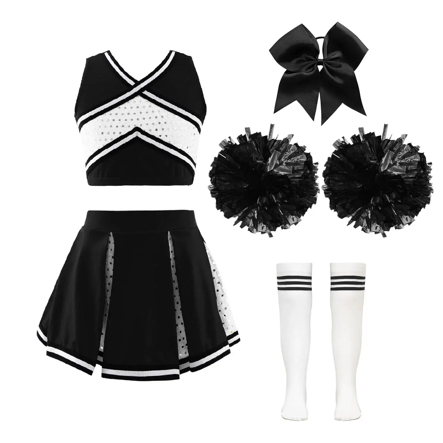 Ensemble complet costume pom-pom girl fille noir et blanc avec top sans manches à bretelles croisées et jupe plissée en mesh