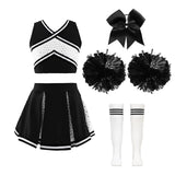 Ensemble complet costume pom-pom girl fille noir et blanc avec top sans manches à bretelles croisées et jupe plissée en mesh