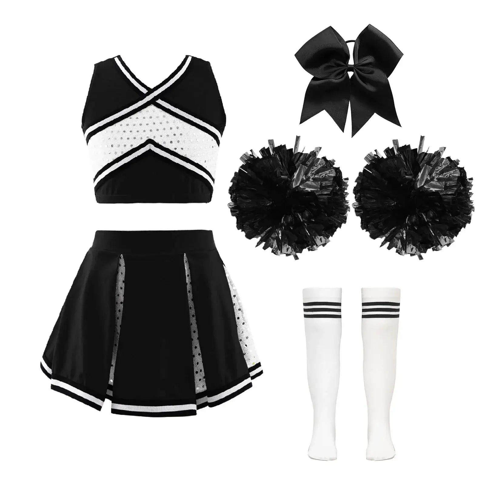 Ensemble complet costume pom-pom girl fille noir et blanc avec top sans manches à bretelles croisées et jupe plissée en mesh