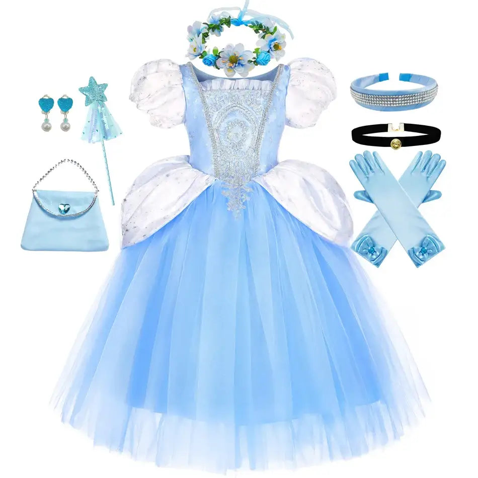 Robe bleue princesse cendrillon pour petites filles avec manches bouffantes en tulle et dentelle sur le corsage