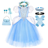 Robe bleue princesse cendrillon pour petites filles avec manches bouffantes en tulle et dentelle sur le corsage