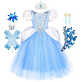 Robe bleue princesse cendrillon à manches bouffantes et jupon en tulle avec broderies argentées pour petites filles