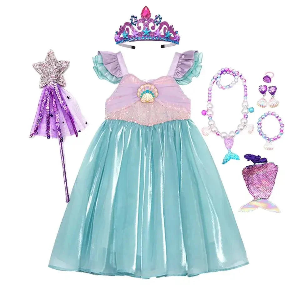 Costume robe disney petite sirène avec robe en tulle bleue et bodice pailleté rose, accessoires de déguisement féérique