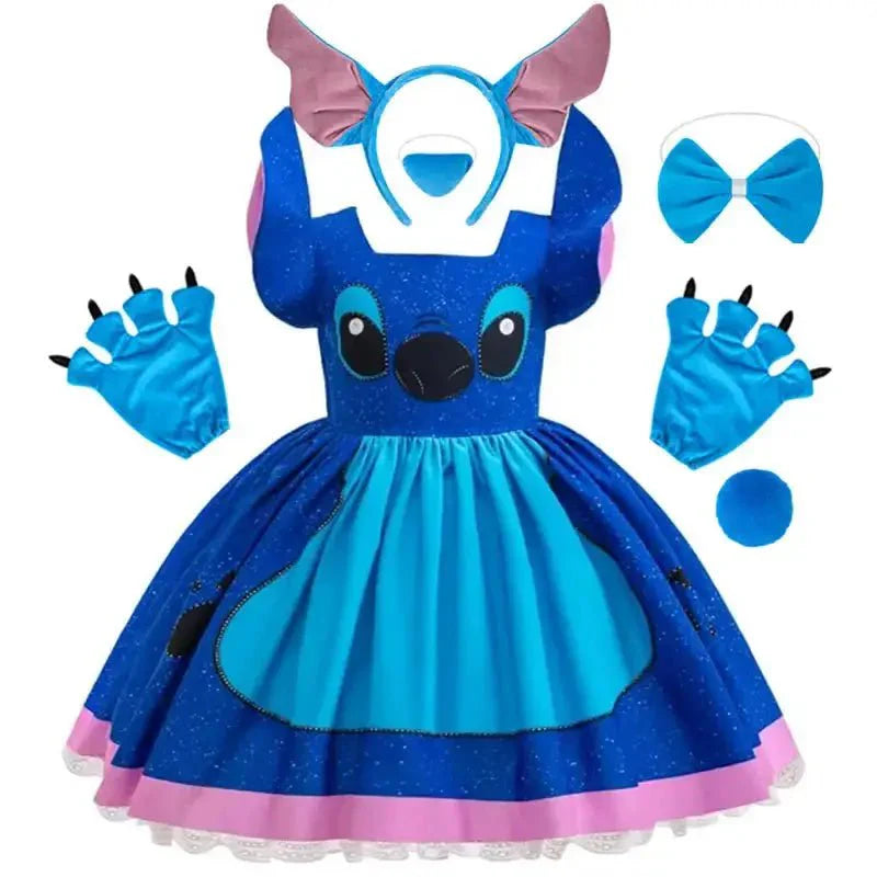 Robe disney stitch enfants bleu et rose avec tissu pailleté, broderie visage et serre-tête assorti