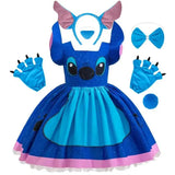 Robe disney stitch enfants bleu et rose avec tissu pailleté, broderie visage et serre-tête assorti