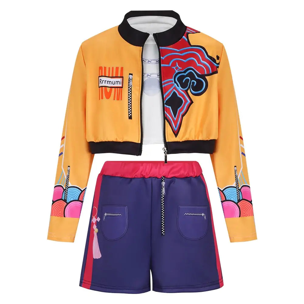 Veste bomber orange vif avec motifs nuage rouges et bleus, bordure noire et patch rrromumi pour kpop demon hunters