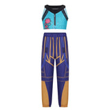 Costume rumi zoey mira demon hunter kpop avec crop top turquoise à broderies lotus rose et joggers bleus motifs dorés, kpop demon hunters