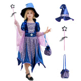 Costume sorcière fille bleu et violet avec corsage en satin, manches en tulle lavande et jupe pailletée, idéal halloween